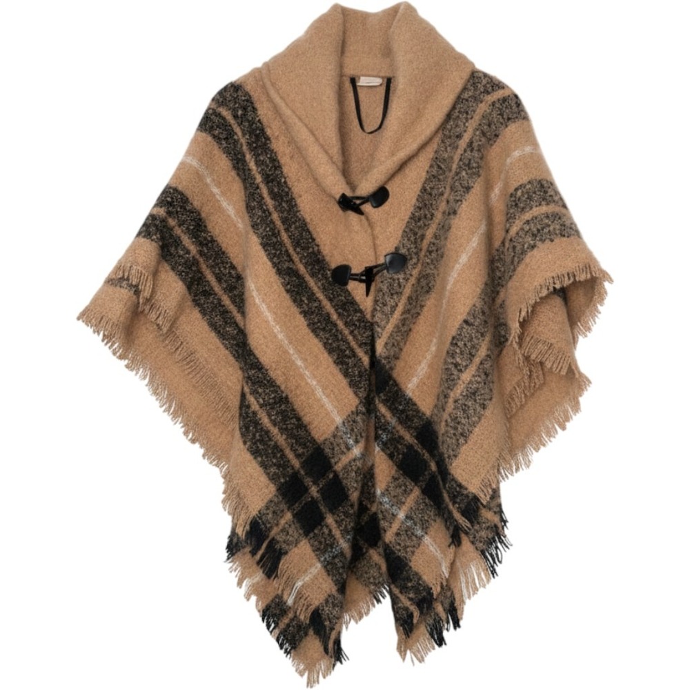 St Johns Bay Womens Plaid Toggle Poncho Wrap Shawl Collar Tan Black Fringed OS